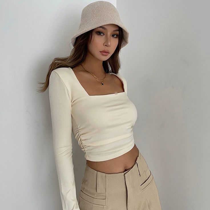 Casual Long Sleeve Tight Top Solid Shirt Sexy Square Neck Long Sleeve, Modern Square, Long Sleeve Crop, Solid Tops, Contemporary Fashion, Minimal Design, Long Sleeve Crop Top, High Waisted Pants, Declutter