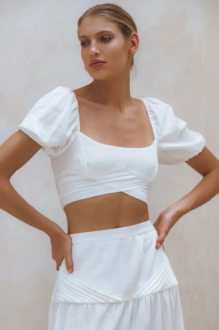 Blanca Linen Crop Top - crop top Spring Beach Crop Top With Square Neck, Chic Cropped Smocked Top For Vacation, Chic Crop Top With Smocked Bodice For Vacation, Chic Smocked Bodice Crop Top For Vacation, White Smocked Bodice Crop Top, Square Neck Crop Top For Spring Vacation, Chic Linen Crop Top For Vacation, Summer Cropped Smocked Bodice Crop Top, Chic Ruched Short Sleeve Crop Top