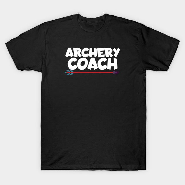 a black t - shirt with the words archery coach in white and red on it