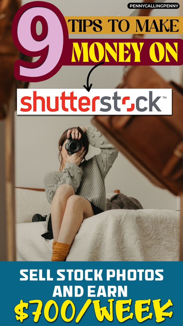 a woman sitting on top of a bed holding a camera in her hand and the words, 9 tips to make money on shutterstock sell stock photos and earn $ 700 / week