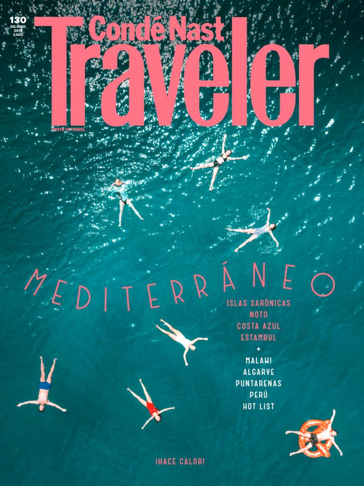 the cover of conden's travel magazine, with people floating in the water