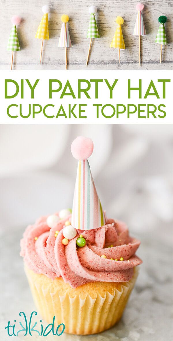 a cupcake with pink frosting and a party hat on top is surrounded by other cupcakes