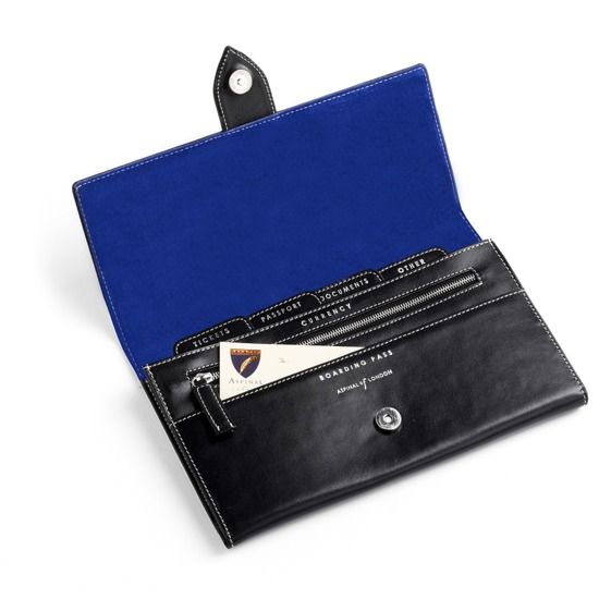 Deluxe Travel Wallet in Smooth Black & Cobalt Suede from Aspinal of London Trifold Wallet With Interior Card Slots For Travel, Designer Travel Wallets With Interior Card Slots, Classic Travel Accessories With Interior Card Slots For Business, Leather Wallets With Rfid Blocking For Travel, Leather Travel Wallet With Rfid Blocking, Leather Rfid Blocking Wallets For Travel, Classic Travel Wallets With Card Slots, Elegant Business Wallets With Leather Lining, Classic Travel Accessories With Rfid Blocking For Everyday