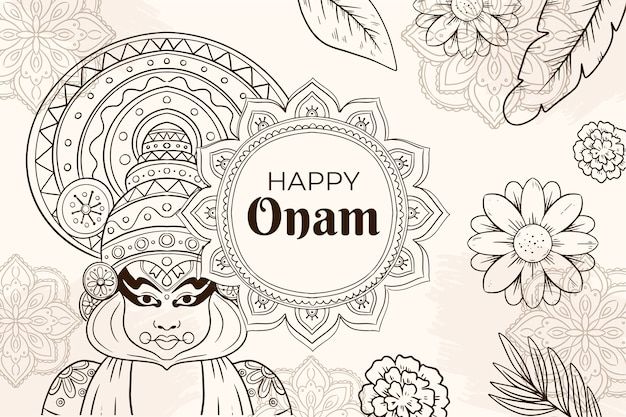 happy onam greeting card with hand drawn doodles and floral design elements in black and white