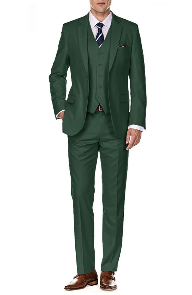 Bring understated elegance to the table in this three-piece suit crafted from rich fabric in a classic single-breasted silhouette. Jacket has notched lapels; chest welt pocket; front flap pockets Vest has front button closure; V-neck Pants have zip fly with button closure; front slant pockets; back button-welt pockets Jacket and vest are lined; trousers are lined to the knee 65% polyester, 35% viscose Dry clean Imported Each suit has a 6” drop, meaning that a size 38R jacket is paired with size Semi-formal Fitted Sets With Flat Front, Fitted Semi-formal Set With Flat Front, Elegant Green Slim Fit Suits, Tailored Green Business Set, Classic Green Slim Fit Sets, Elegant Slim Fit Solid Color Set, Tailored Green Semi-formal Sets, Classic Green Suiting Fabric Sets, Fitted Green Semi-formal Sets