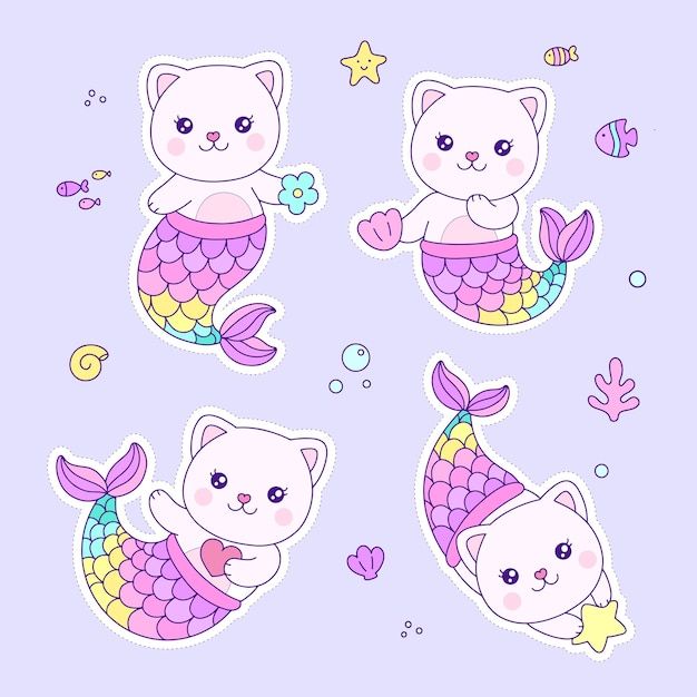 four stickers depicting cats and mermaids on purple background with fish, stars and bubbles