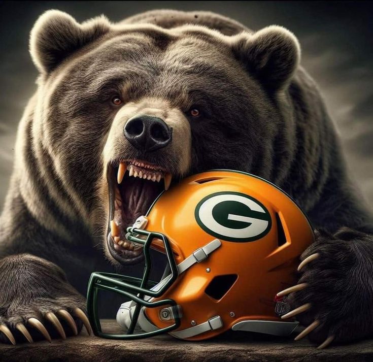 a grizzly bear with a green bay packers helmet