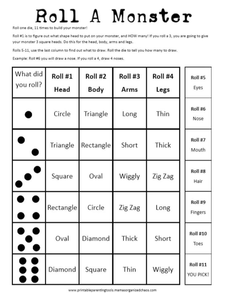 a printable roll a monster game with black dots on white paper and the words roll a