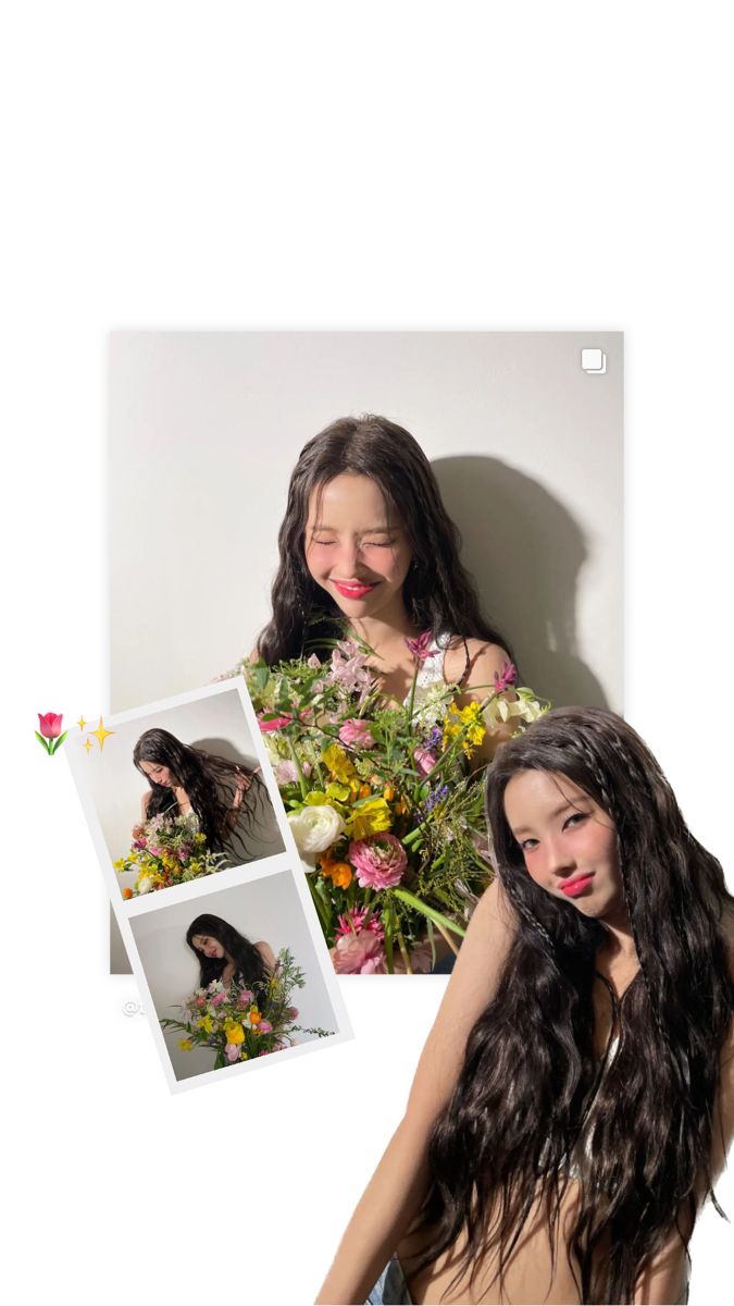 a woman with long hair standing next to flowers and an image of herself in the background