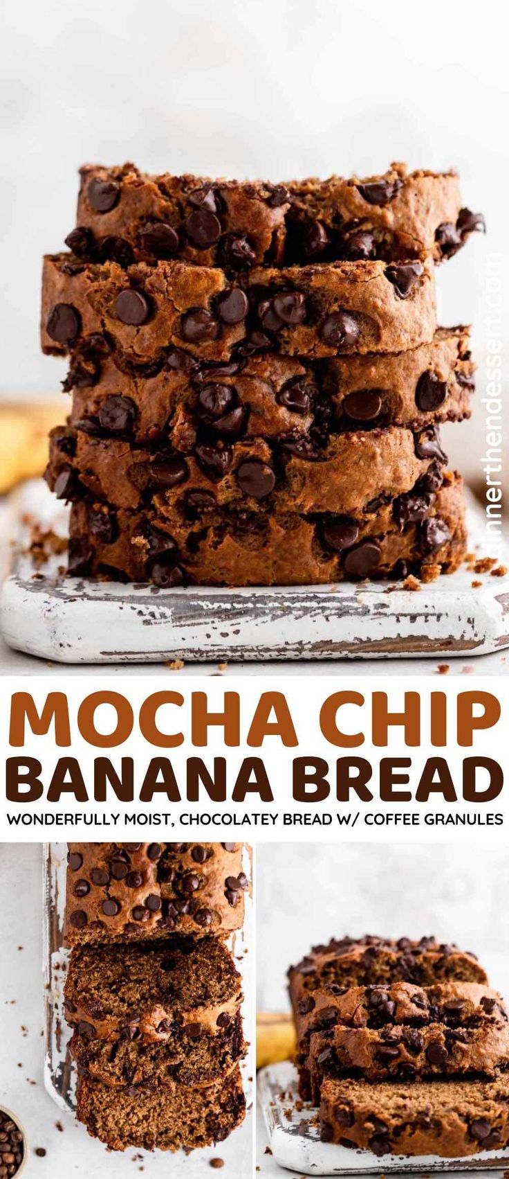 chocolate chip banana bread stacked on top of each other