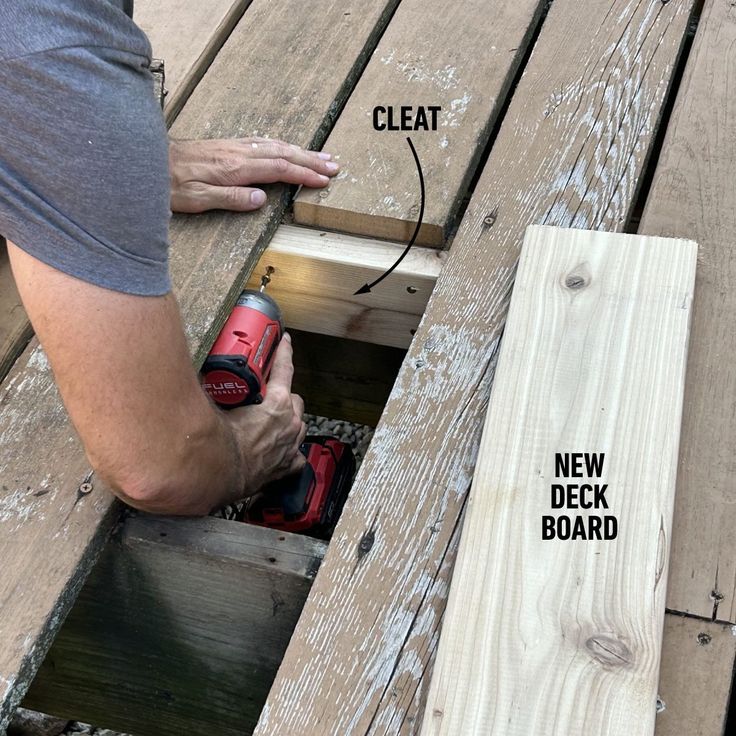 a man sanding wood on top of a wooden deck with a power drill and glue