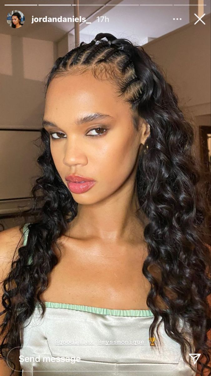 jordan daniels Half Braid And Curly Hair, Half Braided Cornrow Hairstyles, Half Front Braided Hairstyles, Summer Hairstyles Braids Half Up, Half Way Braids Hairstyles, Half Cornrows Half Curls Natural Hair, Half Way Braids Hairstyles Natural, Half Braids Half Natural Hair, Curly Hairstyles Front Braid