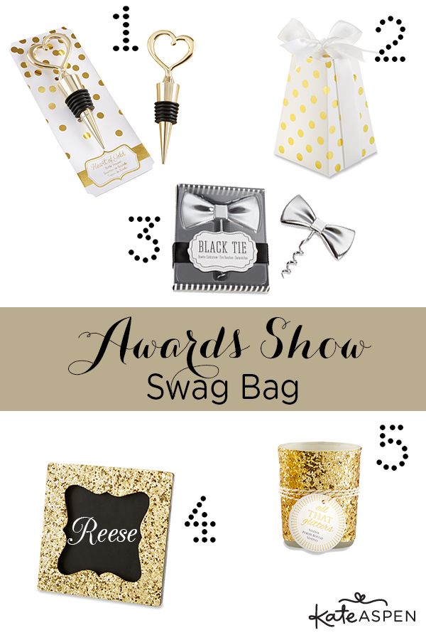 the award show swag bag is shown with gold and white decorations, including a bottle opener