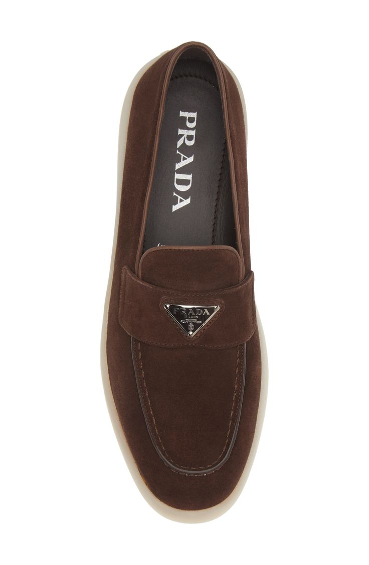 Prada's iconic triangular logo shines at the keeper strap of this easygoing loafer crafted of velvety suede and grounded by a rubber sole. Leather upper and lining/rubber sole Made in Italy Women's Designer Shoes Comfortable Work Clothes, Suede Loafers Women, Brown Flat Shoes, Suede Shoes Women, Prada Loafers, Brown Suede Loafers, Brown Accessories, Velvet Loafers, Loafer Women