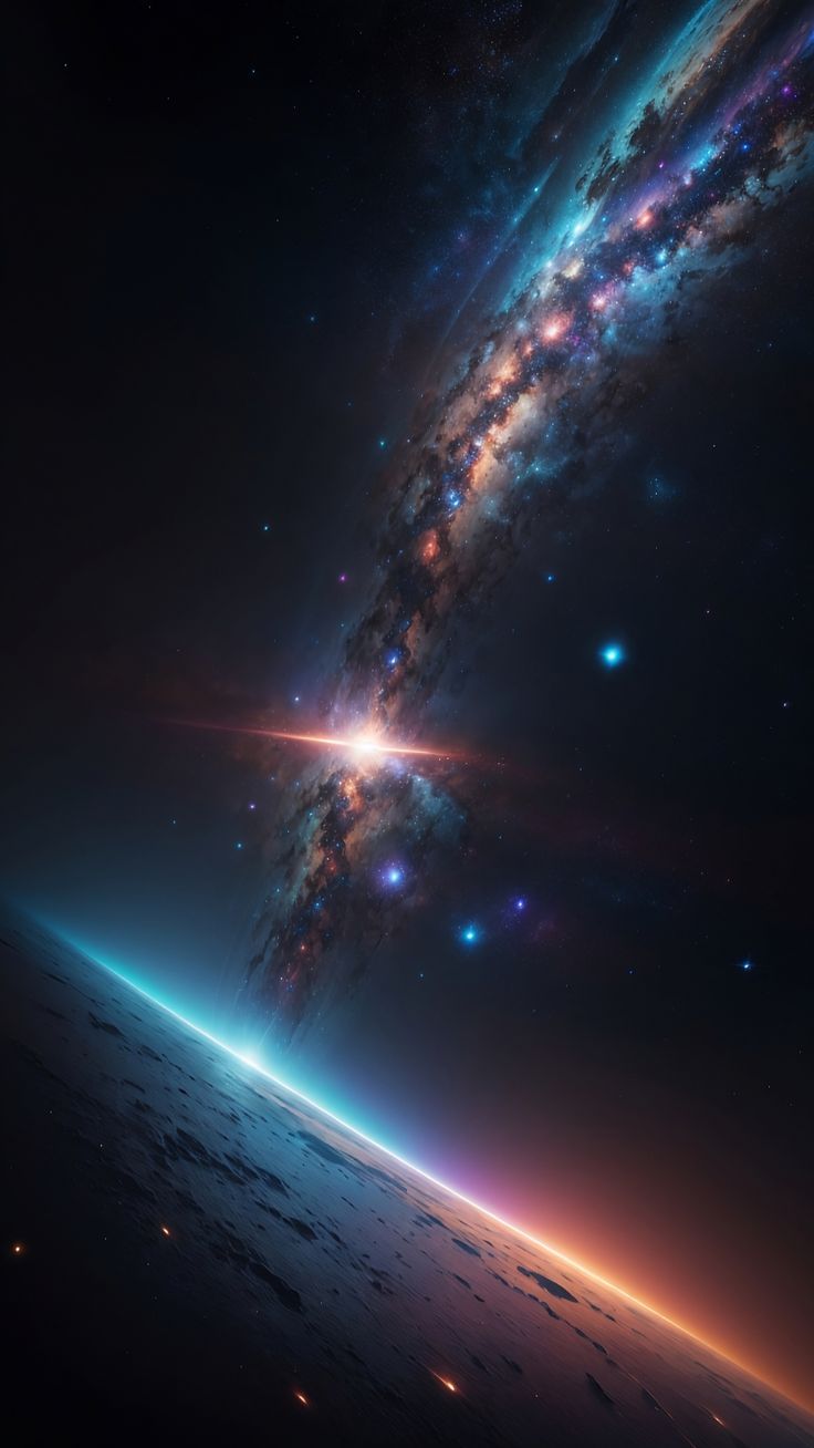 an artist's rendering of the milky and stars in space, with earth below