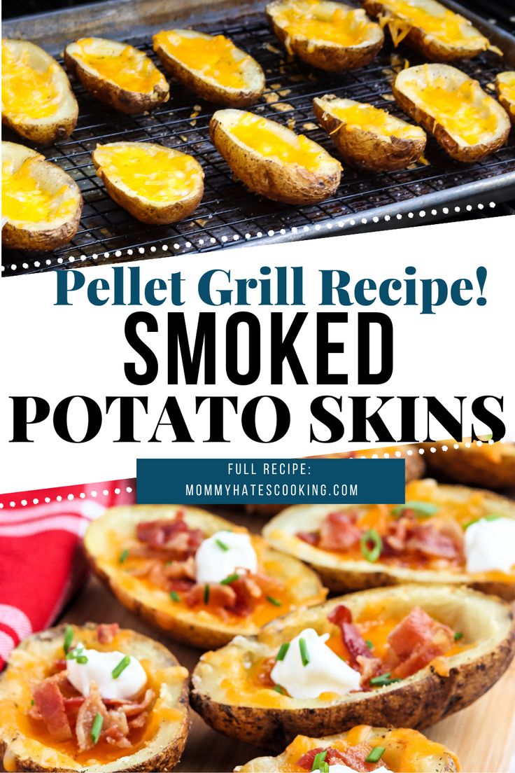 baked potato skins on a grill with text overlay that reads pellet grill recipe smoked potatoes