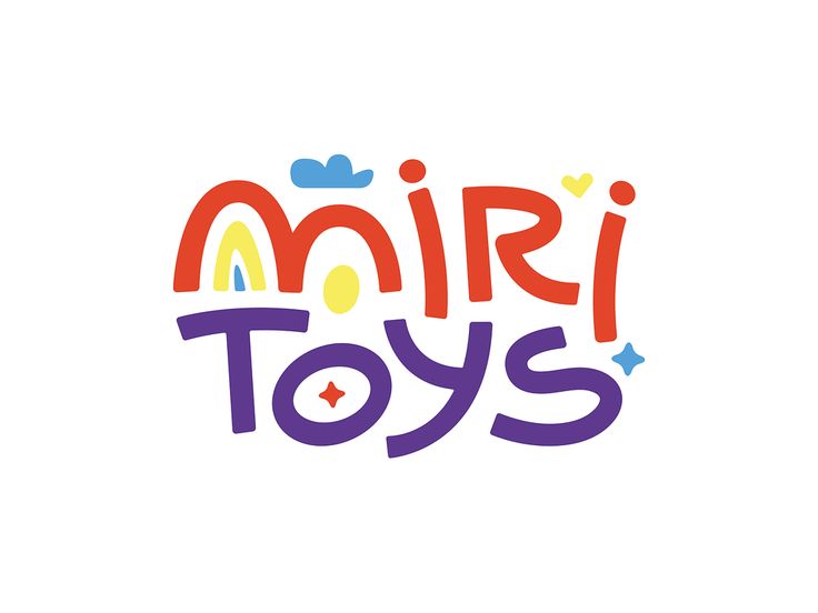 the word'mini toys'is shown in purple, orange and yellow letters with hearts