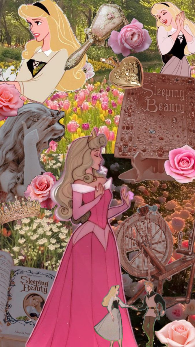 a collage of disney princesses in pink and white dresses, with roses on the ground