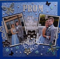 a blue card with two pictures of people in formal wear and the words prom on it