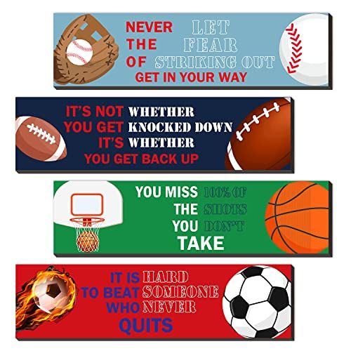 four sports themed door hangers with different designs and sayings on each one side