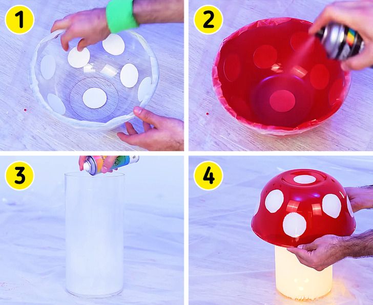 four pictures showing how to make a mushroom lamp