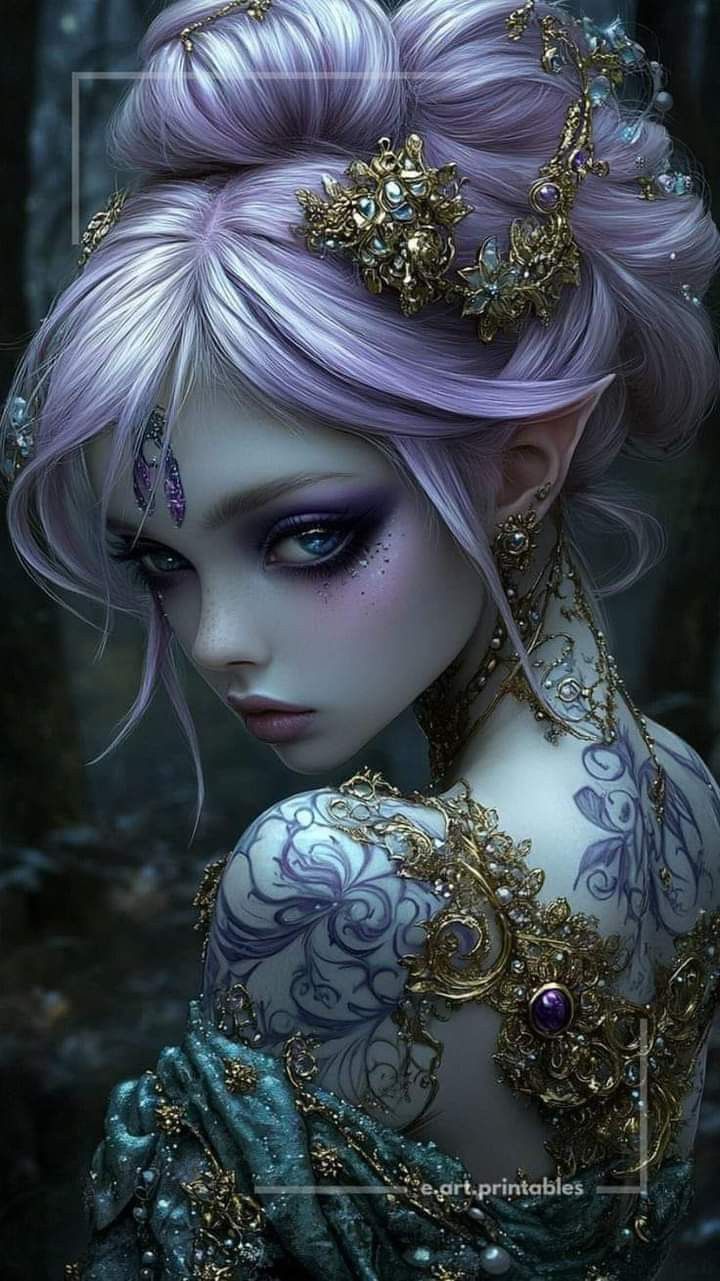 a woman with purple hair and blue eyes is dressed in an elaborate dress, wearing gold jewelry