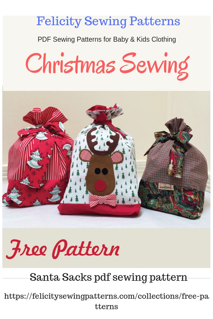 three christmas sewing bags with reindeers on them and the words free pattern below it