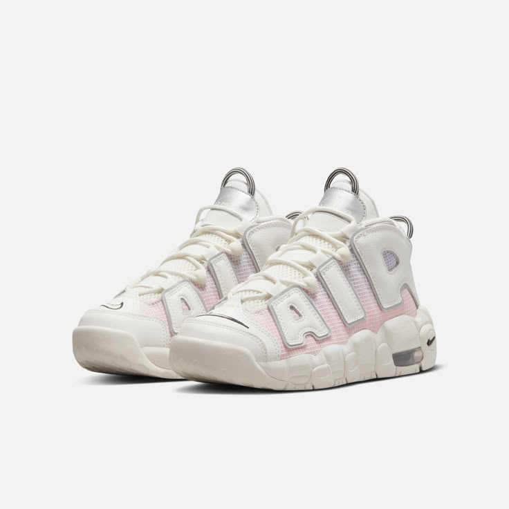 Style No. DQ0514-100 Color: Sail/Black/Light Thistle/Pink Foam Max Air units in the heels help these shoes live up to their name by providing cushioning with every step. The big "AIR" lettering on the sides is inspired by '90s graffiti. Nike Air More Uptempo Big Kids' Shoes. Nike Air More Uptempo 96, Uptempo 96, Nike Air More Uptempo, Nike Air More, Retro Basketball Shoes, Dr Shoes, Pretty Shoes Sneakers, Shoe Inspo, Girly Shoes