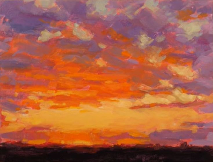 an oil painting of a sunset with clouds in the sky