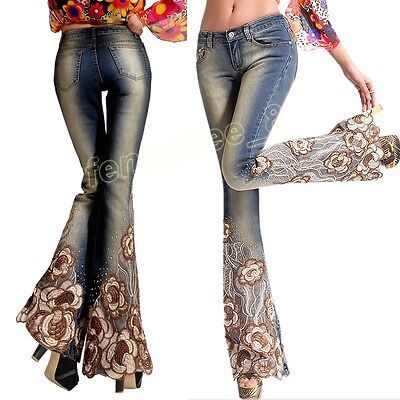 Women Ethnic Beaded Embroidery Denim Slim Bell-bottom Pants Jeans Flared Trouser | eBay Embroidery Denim, Jeans Flared, Flared Denim, Bell Bottom Pants, Flare Trousers, Womens Designer Fashion, Denim Flares, Denim Trousers, Pants Jeans