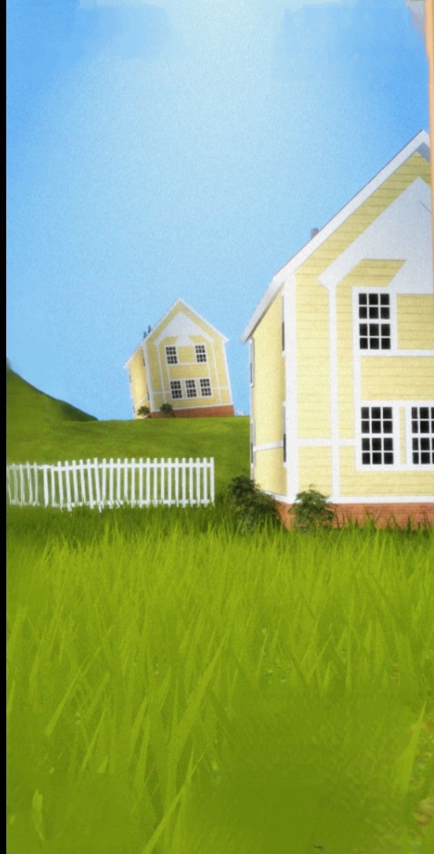 a painting of two houses in the grass