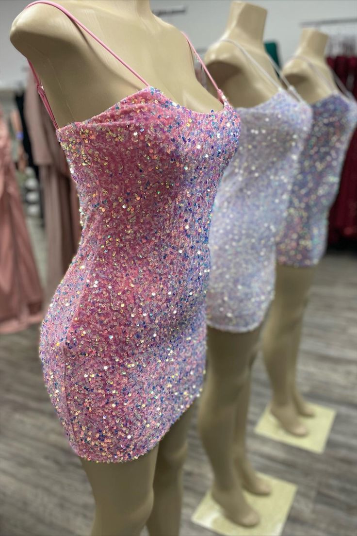 straps pink sequin tight mini dress homecoming dress cocktail dress #homecoming2023 Sequin Bodycon Mini Dress, Sparkling Bodycon Mini Dress, Sequined Mini Bodycon Dress For Homecoming, Sequined Mini Length Bodycon Dress For Homecoming, Mini Sequin Disco Dress, Mini Length Sequin Dress With Shimmer For Prom, Fitted Contrast Sequin Dress For Club, Sparkling Mini Sequin Disco Dress, Contrast Sequin Bodycon Mini Dress For Party