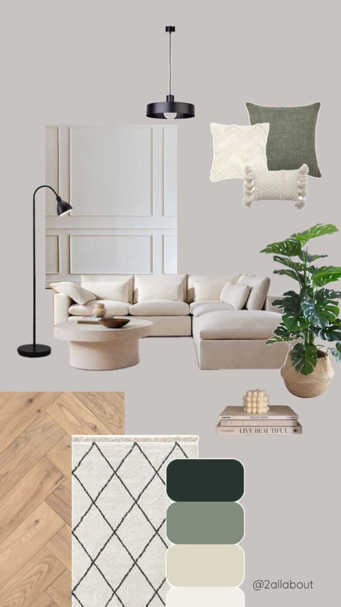 interior inspiration, aesthetic livingroom, aesthetic room decoration, boho style, living room beige, beige and green, beige couch, black details, vertäfelung wand, aesthetic room inspiration, Beige And Green Sofa, Beige White Black Living Room, Nuetral Pallete Living Room With Green, Taupe And Green Living Room, Sage Green And Black Living Room, Neutral And Green Living Room, Cream Green Living Room, Green Beige Living Room, Beige Couch Living Room Ideas