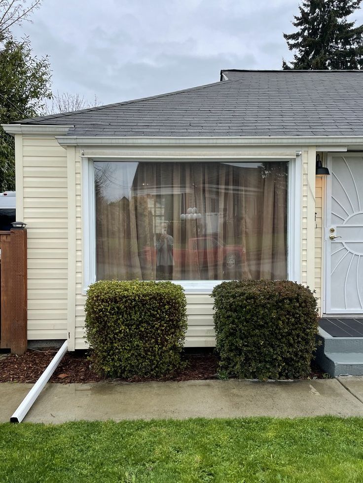 a house with two bushes in front of it and a window on the side of the house