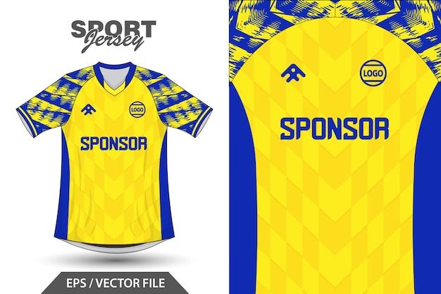 a yellow and blue soccer jersey with the word sponsor on it, next to an image of