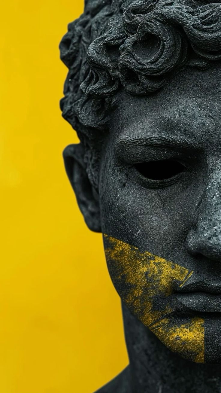 a man's face is covered in black and yellow paint