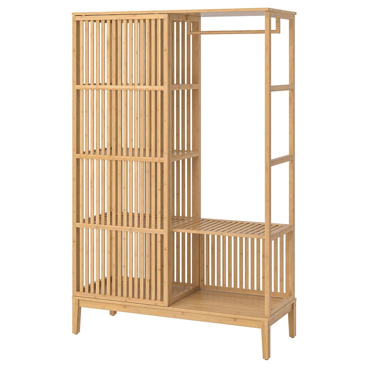 a wooden shelf with two shelves on each side