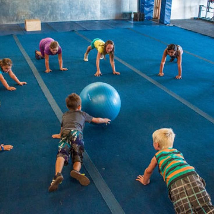 several children are doing push ups on exercise balls in an indoor gym with blue mats