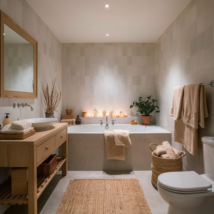 a bathroom with a toilet, sink and bathtub next to a mirror on the wall