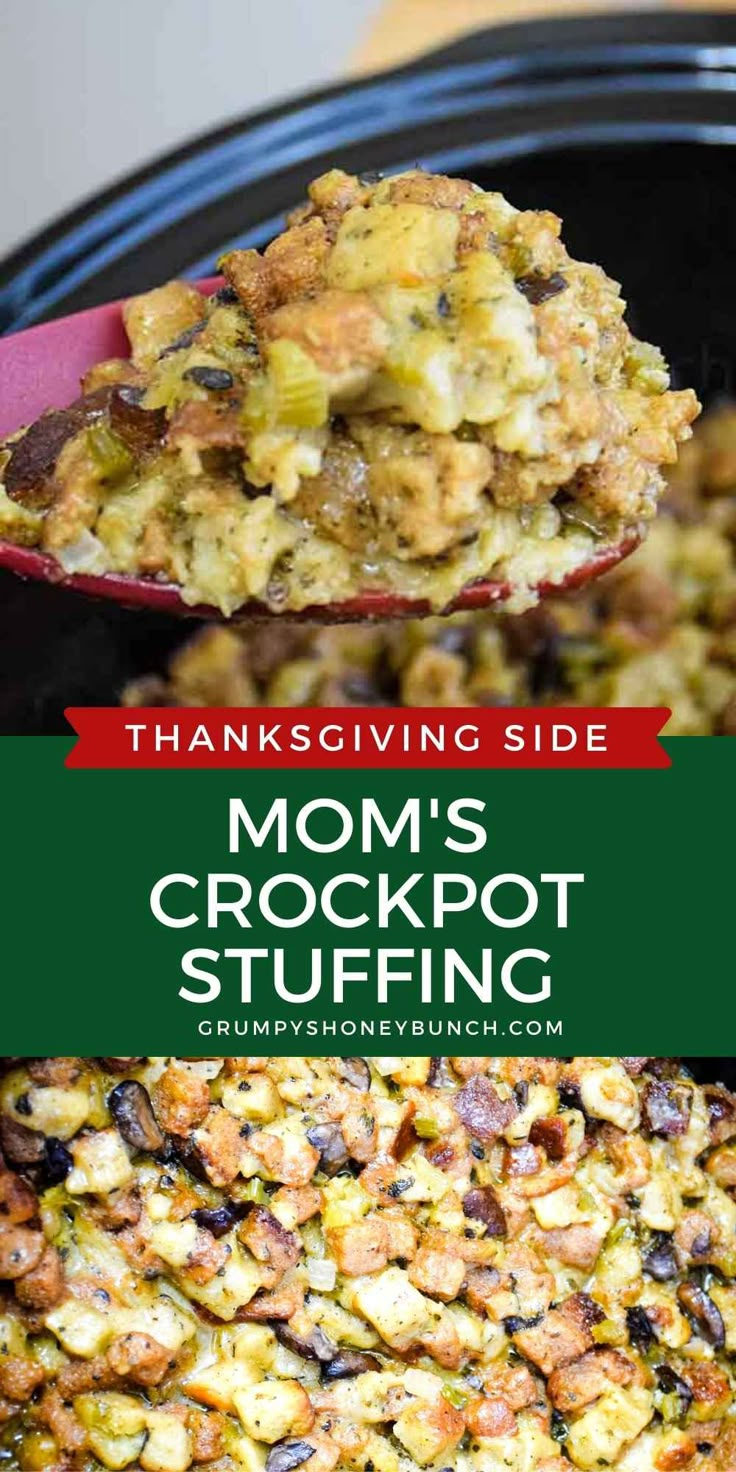 a spoon full of crockpot stuffing with the words thanksgiving side on top and bottom