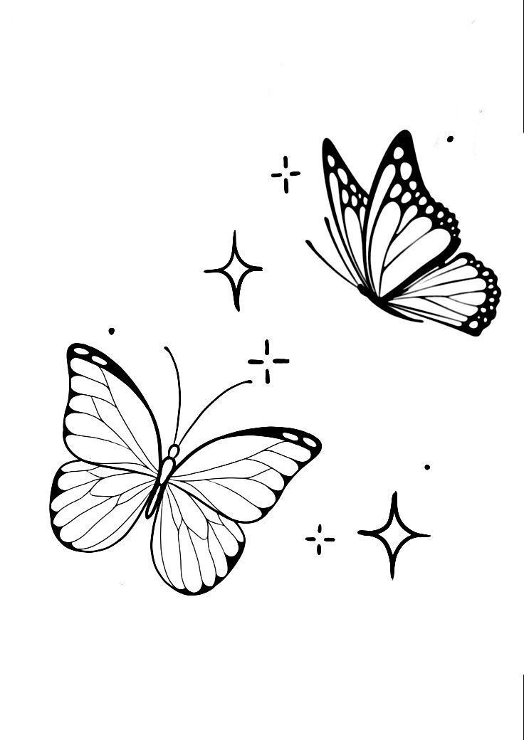 two butterflies flying in the sky with stars around them and one is black and white