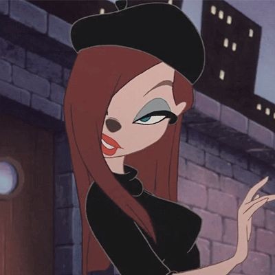 an animated woman with red hair and blue eyes wearing a black dress, standing in front of a brick wall