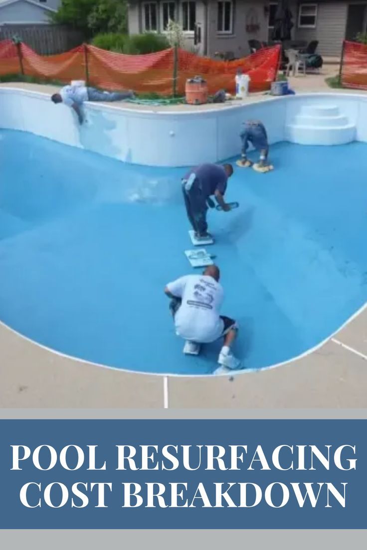 three men in blue shirts are on skateboards near a swimming pool with the words pool resurfacing cost breakdown