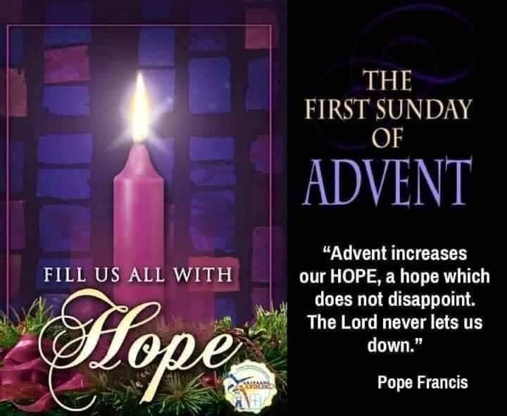 the first sunday of adventt with hope and christmas wreath in front of a lit candle