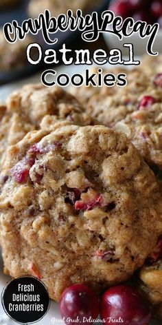 cranberry oatmeal cookies on a plate with the title overlay