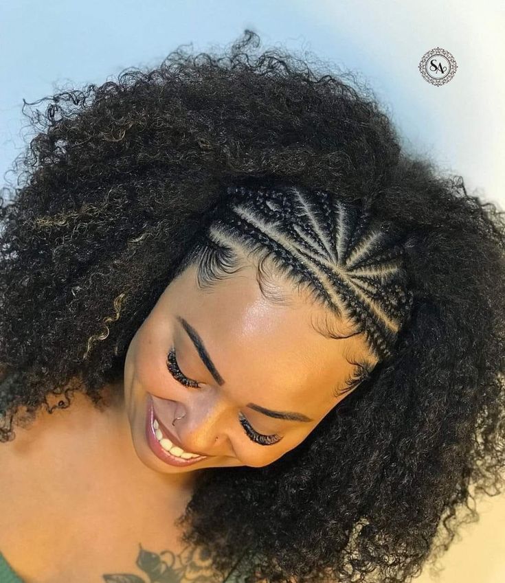 Braided Front With Crochet Back, Curly Cornrow Hairstyles, Braid In Front Curly Weave In Back, Braided In Front Curly In Back, Braids In The Front Crochet In The Back, Front Cornrows Hairstyles Natural Hair, Front Cornrows Hairstyles, Braids In Front Curly Hair In Back, Half Braided Hairstyles Curly Hair