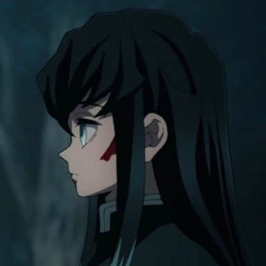 an anime character with long black hair and red eyes