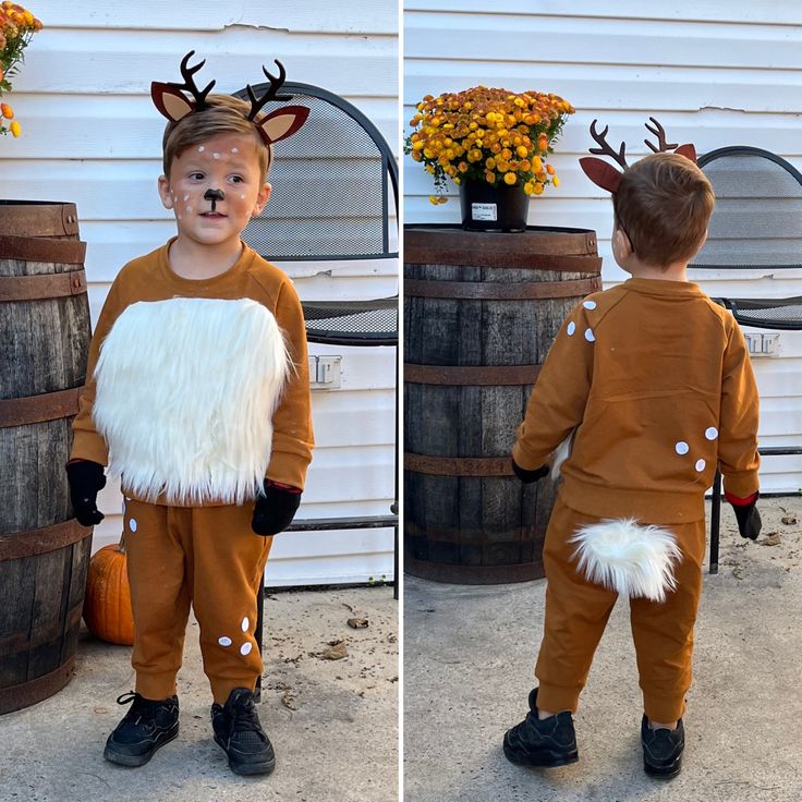 two pictures of a little boy dressed up as a deer