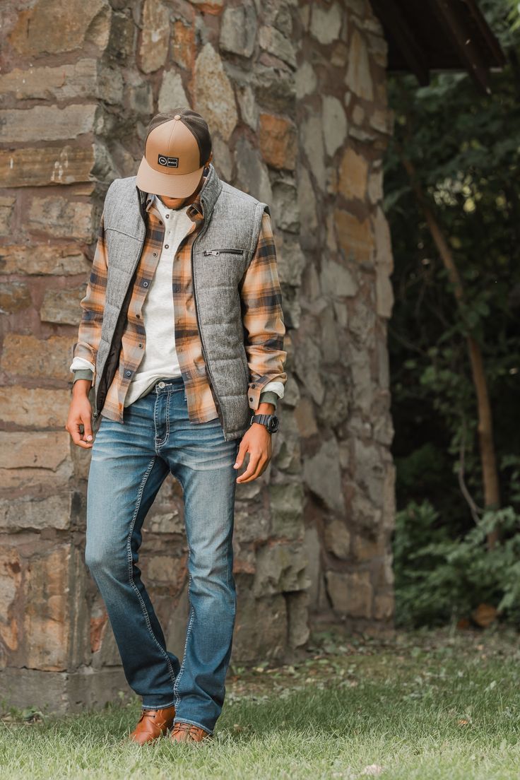 Men’s Vest With Jeans, Flannel Outfits Men Country, Fall Cowboy Outfits Men, Country Chic Mens Attire, Men’s Outfit With Vest, Cowboy Flannel Outfits Men, Dressed Up Men Outfits, Mens Fall Outfits Country, Mens Jeans And Boots Outfits