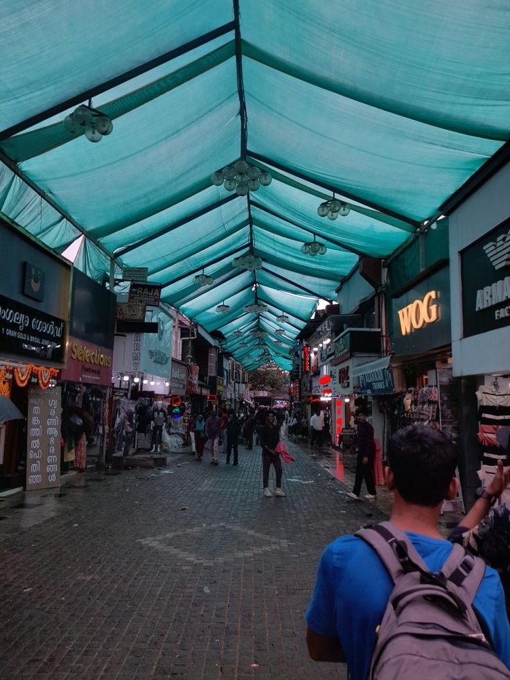 people are walking through an open market area with blue awnings on the roof